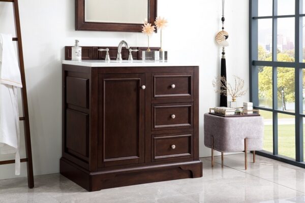 James Martin 825-V36-BNM-3AF De Soto 37 Inch Single Vanity in Burnished Mahogany with 3 cm Arctic Fall Solid Surface Top