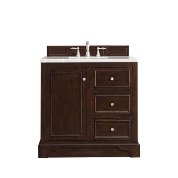 James Martin 825-V36-BNM-3ESR De Soto 36 Inch Single Vanity in Burnished Mahogany with 3 CM Eternal Serena Quartz Top