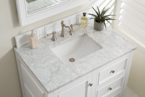 James Martin 825-V36-BW-3CAR De Soto 37 Inch Single Vanity in Bright White with 3 cm Carrara Marble Top