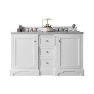 James Martin 825-V60D-BW-3CSP De Soto 61 Inch Double Vanity in Bright White with 3 cm Charcoal Soapstone Quartz Top with Sink