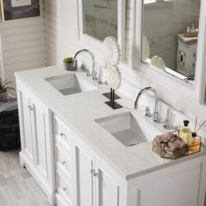 James Martin 825-V72-BW-3EJP De Soto 73 Inch Double Vanity in Bright White with 3 cm Eternal Jasmine Pearl Quartz Top with Sink