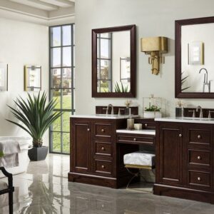 James Martin 825-V82-BNM-DU-AF De Soto 83 Inch Double Vanity Set in Burnished Mahogany with Makeup Table with 3 cm Arctic Fall Solid Surface Top