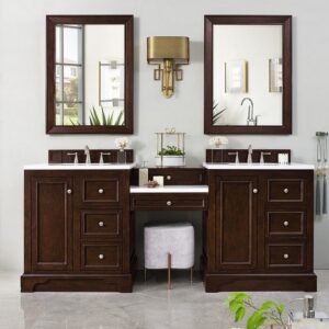 James Martin 825-V82-BNM-DU-AF De Soto 83 Inch Double Vanity Set in Burnished Mahogany with Makeup Table with 3 cm Arctic Fall Solid Surface Top