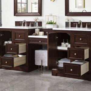 James Martin 825-V82-BNM-DU-CAR De Soto 83 Inch Double Vanity Set in Burnished Mahogany with Makeup Table with 3 cm Carrara Marble Top