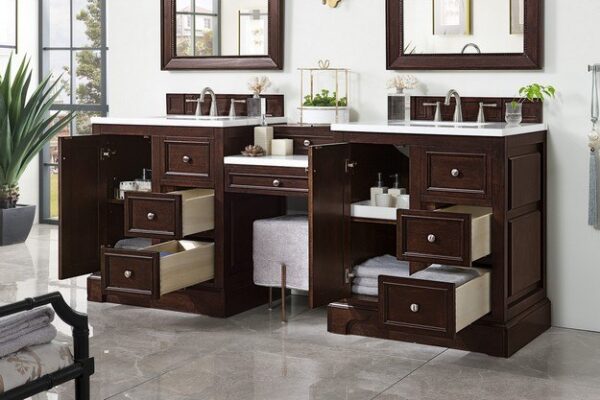 James Martin 825-V82-BNM-DU-CAR De Soto 83 Inch Double Vanity Set in Burnished Mahogany with Makeup Table with 3 cm Carrara Marble Top