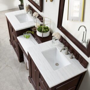 James Martin 825-V82-BNM-DU-AF De Soto 83 Inch Double Vanity Set in Burnished Mahogany with Makeup Table with 3 cm Arctic Fall Solid Surface Top