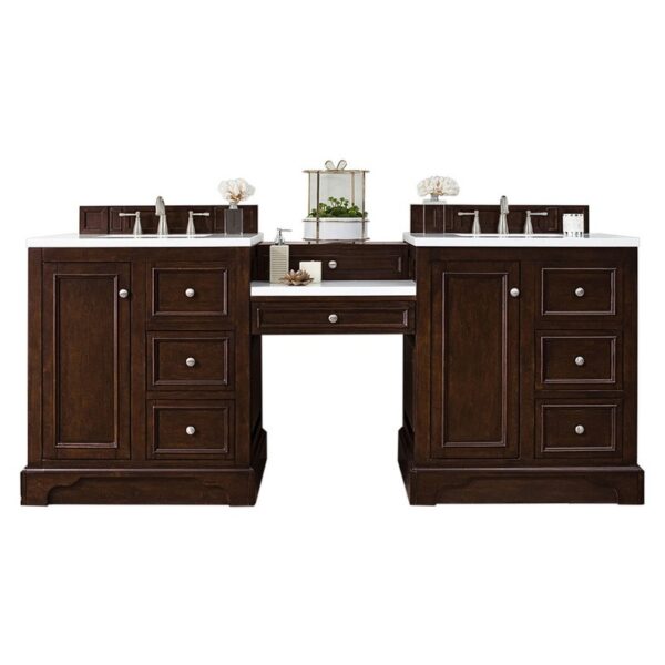 James Martin 825-V82-BNM-DU-AF De Soto 83 Inch Double Vanity Set in Burnished Mahogany with Makeup Table with 3 cm Arctic Fall Solid Surface Top