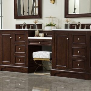 James Martin 825-V82-BNM-DU-AF De Soto 83 Inch Double Vanity Set in Burnished Mahogany with Makeup Table with 3 cm Arctic Fall Solid Surface Top