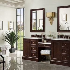 James Martin 825-V82-BNM-DU-AF De Soto 83 Inch Double Vanity Set in Burnished Mahogany with Makeup Table with 3 cm Arctic Fall Solid Surface Top