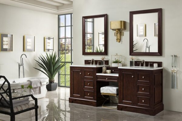 James Martin 825-V82-BNM-DU-AF De Soto 83 Inch Double Vanity Set in Burnished Mahogany with Makeup Table with 3 cm Arctic Fall Solid Surface Top