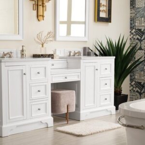 James Martin 825-V82-BW-DU-CAR De Soto 83 Inch Double Vanity Set in Bright White with Makeup Table with 3 cm Carrara Marble Top