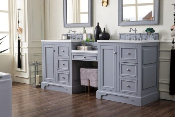 James Martin 825-V82-SL-DU-AF De Soto 83 Inch Double Vanity Set in Silver Gray with Makeup Table with 3 cm Arctic Fall Solid Surface Top