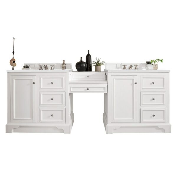 James Martin 825-V94-BW-DU-WZ De Soto 96 1/2 Inch Double Vanity with Set 3 CM White Zeus Quartz Top and Makeup Table in Bright White