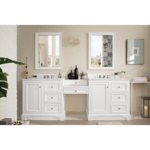 James Martin 825-V94-BW-DU-WZ De Soto 96 1/2 Inch Double Vanity with Set 3 CM White Zeus Quartz Top and Makeup Table in Bright White