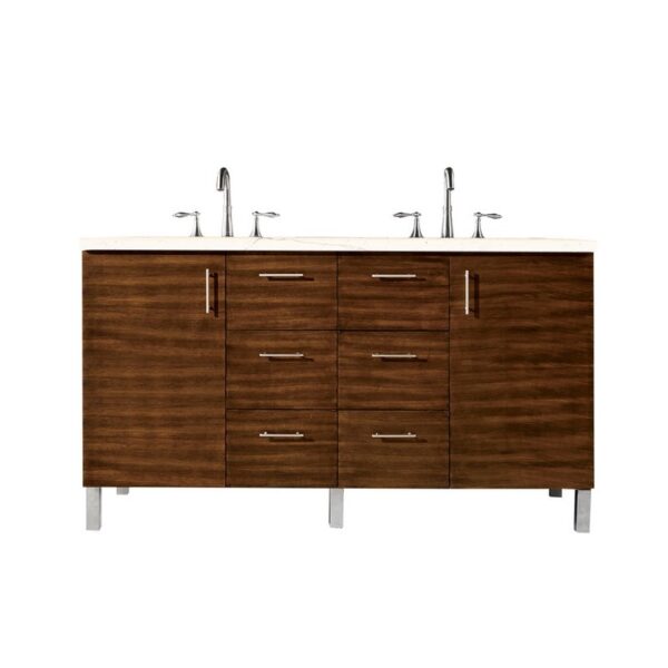 James Martin 850-V60D-AWT-3EMR Metropolitan 60 Inch Double Vanity in American Walnut with 3 CM Eternal Marfil Quartz Top