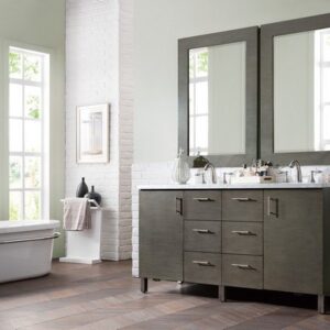 James Martin 850-V60D-SOK-3EJP Metropolitan 60 Inch Double Vanity in Silver Oak with 3 cm Eternal Jasmine Pearl Quartz Top with Sink