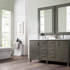 James Martin 850-V60D-SOK-3CAR Metropolitan 60 Inch Silver Oak Double Vanity with 3 cm Carrara Marble Top