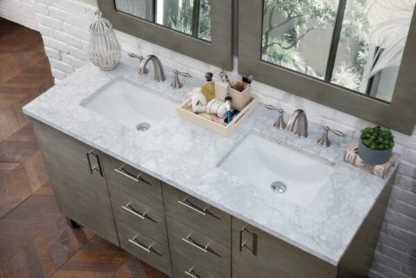 James Martin 850-V60D-SOK-3CAR Metropolitan 60 Inch Silver Oak Double Vanity with 3 cm Carrara Marble Top