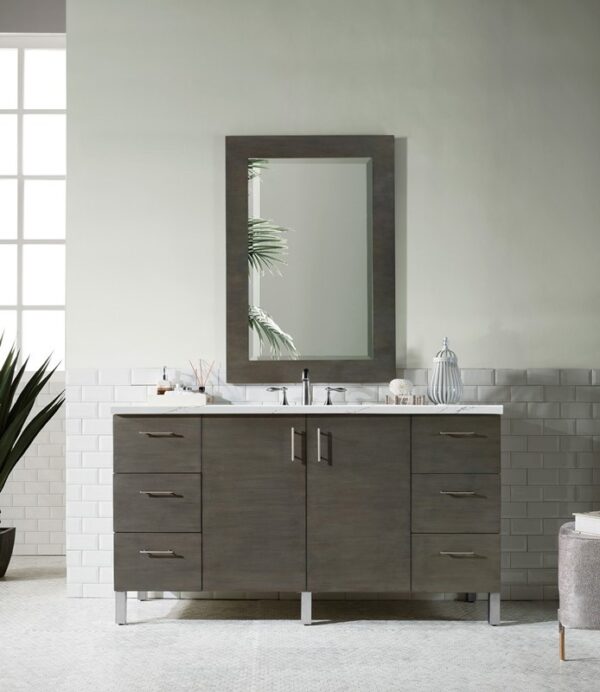 James Martin 850-V60S-SOK-3ENC Metropolitan 60 Inch Single Vanity Cabinet with Ethereal Noctis Quartz Top - Silver Oak