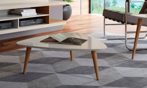 Manhattan Comfort Utopia 17.51" High Triangle Coffee Table with Splayed Legs in Off White and Maple Cream