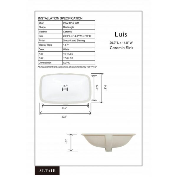 Altair 9002-BAS-WH Aegean 20 7/8 Inch Rectangular Ceramic Undermount Bathroom Sink - White