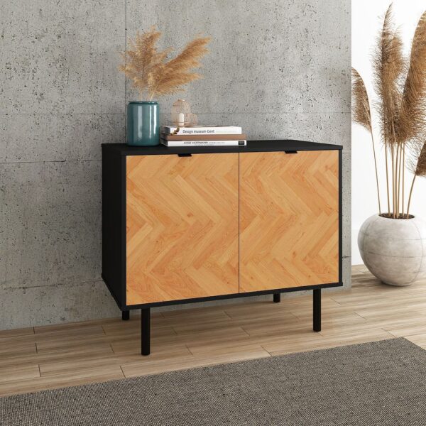 Manhattan Comfort Mid-Century Modern Liam Accent Cabinet with 2 Shelves in Black and Wood