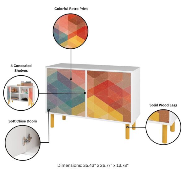 Manhattan Comfort Mid-Century Modern Retro Accent Cabinet with 4 Shelves in White and Multi Color Red, Yellow, Blue Print