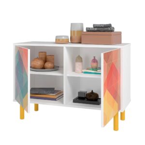 Manhattan Comfort Mid-Century Modern Retro Accent Cabinet with 4 Shelves in White and Multi Color Red, Yellow, Blue Print