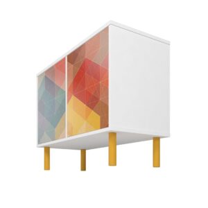 Manhattan Comfort Mid-Century Modern Retro Accent Cabinet with 4 Shelves in White and Multi Color Red, Yellow, Blue Print