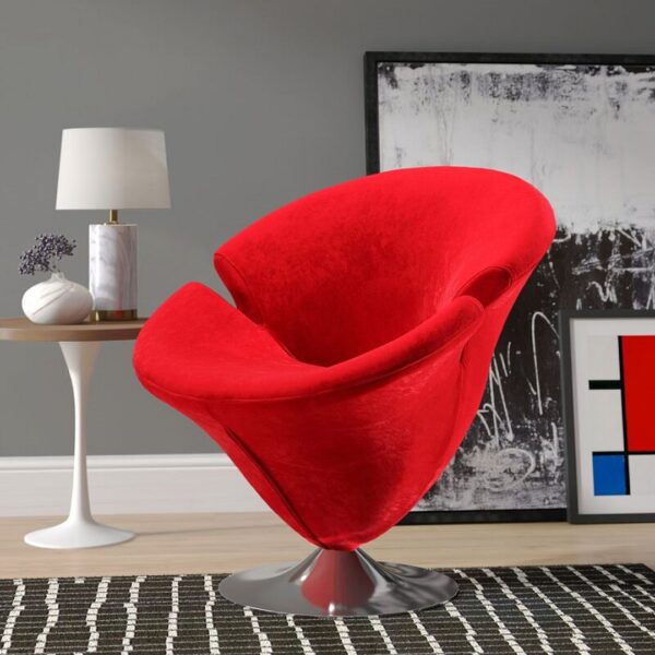 Manhattan Comfort Tulip Red and Polished Chrome Velvet Swivel Accent Chair