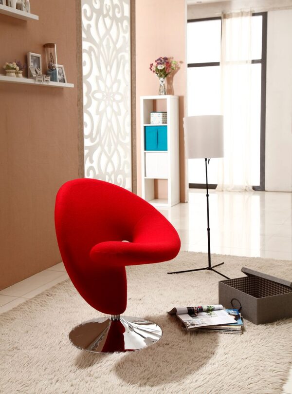 Manhattan Comfort Curl Red and Polished Chrome Wool Blend Swivel Accent Chair