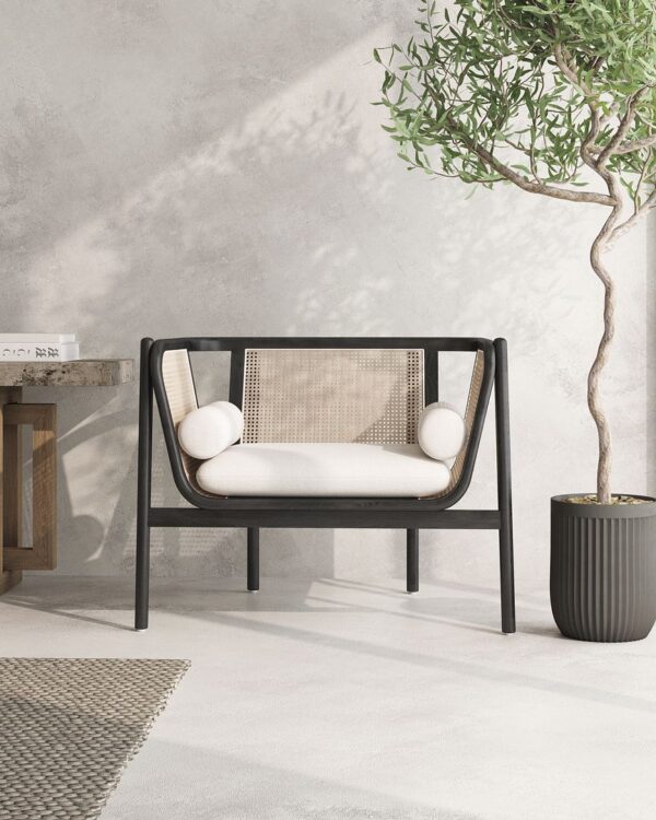 Manhattan Comfort Versailles Accent Chair in Black, Natural Cane and Cream