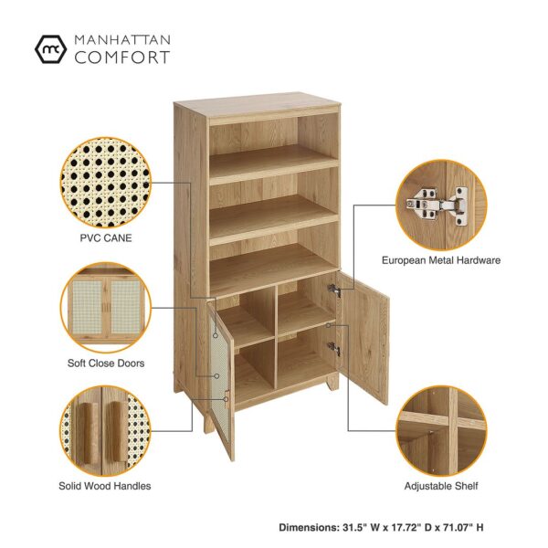 Manhattan Comfort Sheridan Modern Cane Bookcase with Adjustable Shelves in Nature