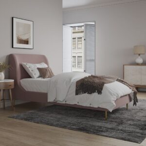 Manhattan Comfort Heather Velvet Twin Bed in Blush with Gold Legs