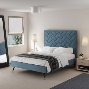 Manhattan Comfort Crosby Modern Queen-Size Upholstered Velvet Bedframe and Headboard in Blue