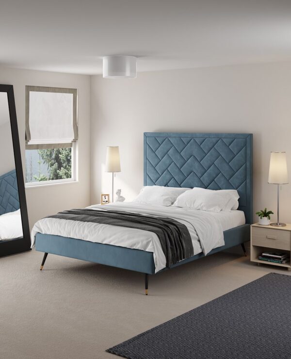 Manhattan Comfort Crosby Modern Queen-Size Upholstered Velvet Bedframe and Headboard in Blue