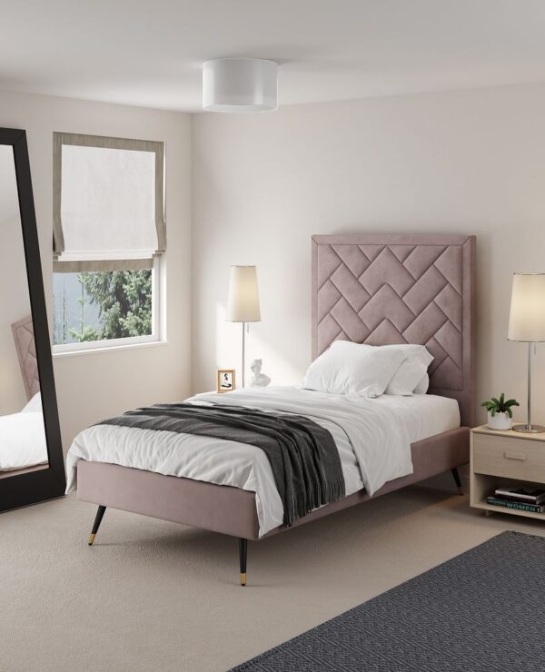 Manhattan Comfort Crosby Modern Twin-Size Upholstered Velvet Bedframe and Headboard in Blush