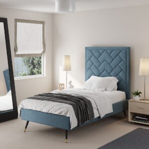 Manhattan Comfort Crosby Modern Twin-Size Upholstered Velvet Bedframe and Headboard in Blue