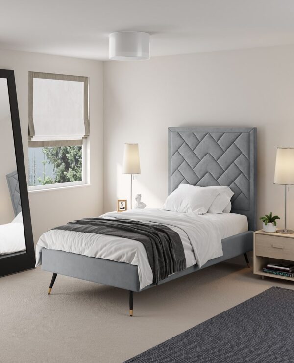 Manhattan Comfort Crosby Modern Twin-Size Upholstered Velvet Bedframe and Headboard in Grey