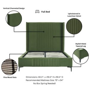 Manhattan Comfort Promenade Mid-Century Modern Velvet Upholstered Full- Size Bed in Moss Green