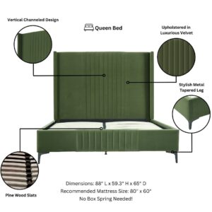 Manhattan Comfort Promenade Mid-Century Modern Velvet Upholstered Queen-Size Bed in Moss Green