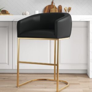 Manhattan Comfort Louvre Mid-Century Modern Leatherette Upholstered Barstool in Black and Titanium Gold