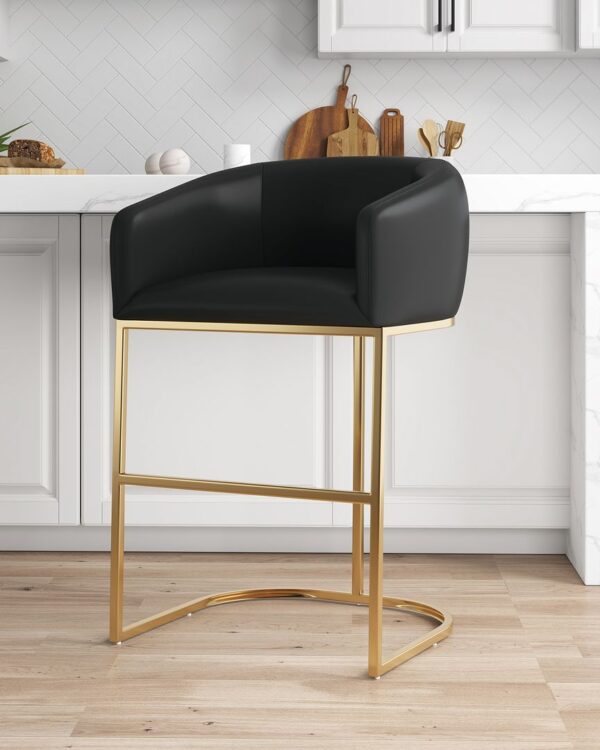 Manhattan Comfort Louvre Mid-Century Modern Leatherette Upholstered Barstool in Black and Titanium Gold