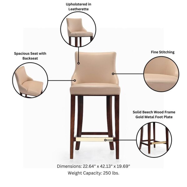 Manhattan Comfort Modern Shubert Barstool Upholstered in Tan Leatherette with Beech Wood Legs