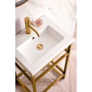 James Martin C105V20RGDWG Boston 20 Inch Stainless Steel Sink Console in Radiant Gold with White Glossy Composite Countertop