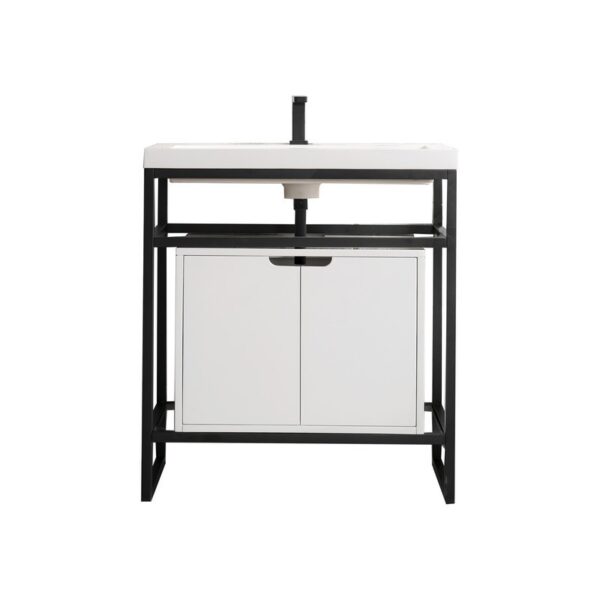 James Martin C105V31.5MBKSCGWWG Boston 31.5 Inch Stainless Steel Sink Console in Matte Black with Glossy White Storage Cabinet in White Glossy Composite Countertop