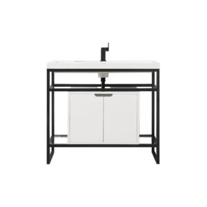 James Martin C105V39.5MBKSCGWWG Boston 39.5 Inch Stainless Steel Sink Console in Matte Black with Glossy White Storage Cabinet in White Glossy Composite Countertop