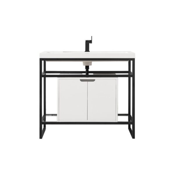 James Martin C105V39.5MBKSCGWWG Boston 39.5 Inch Stainless Steel Sink Console in Matte Black with Glossy White Storage Cabinet in White Glossy Composite Countertop