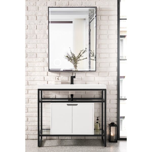 James Martin C105V39.5MBKSCGWWG Boston 39.5 Inch Stainless Steel Sink Console in Matte Black with Glossy White Storage Cabinet in White Glossy Composite Countertop