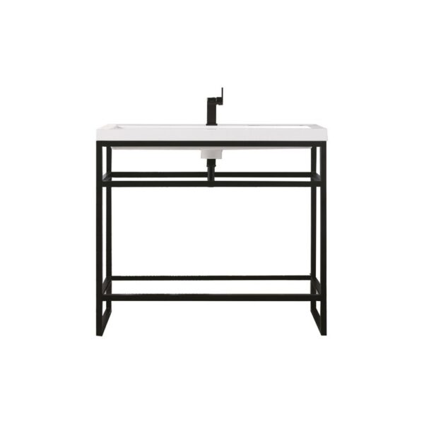 James Martin C105V39.5MBKWG Boston 39.5 Inch Stainless Steel Sink Console in Matte Black with White Glossy Composite Countertop